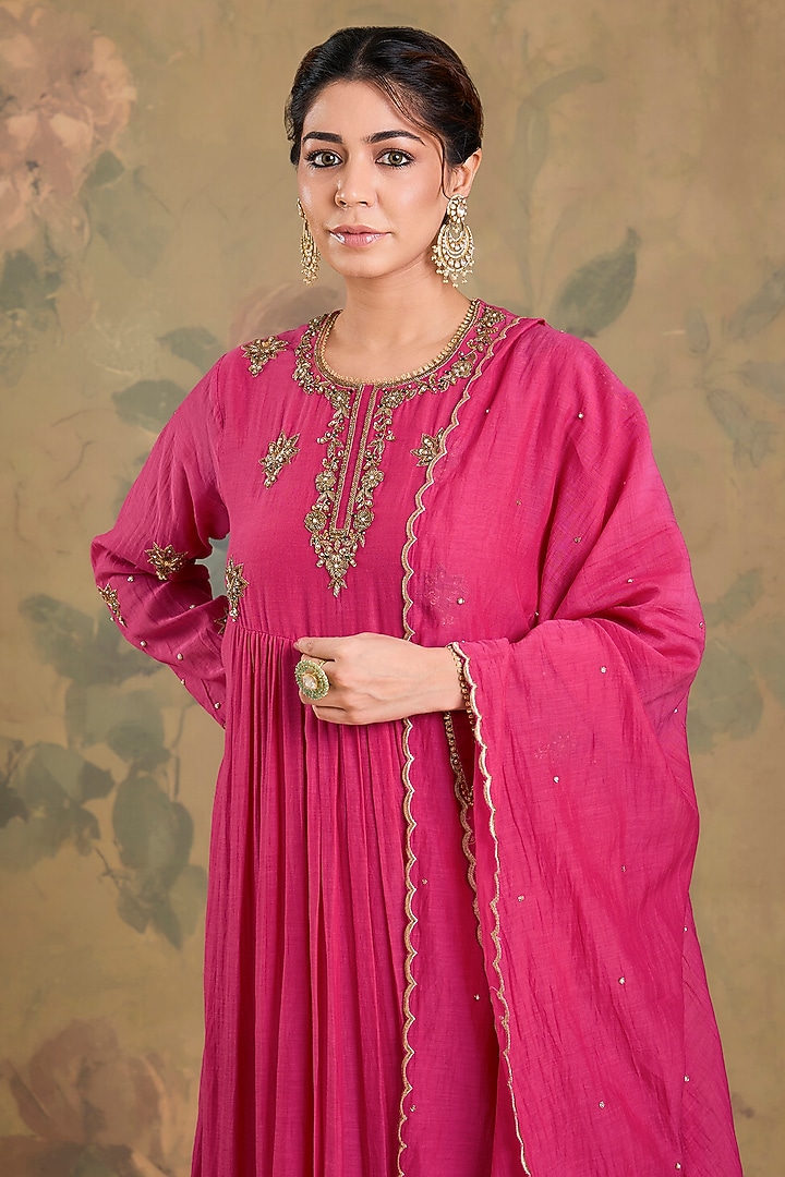 Magenta Mul Chanderi Cutdana Embroidered Wedding Anarkali Set by Studio A at Pernia's Pop Up Shop