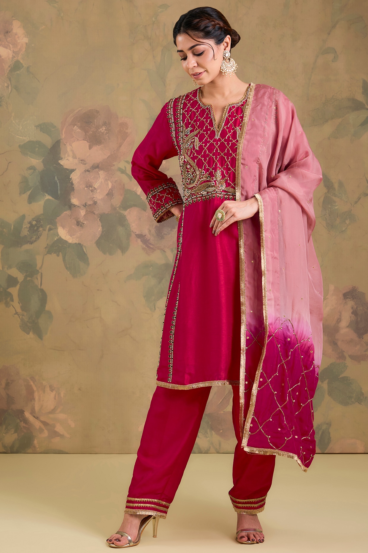 Studio A Magenta Silk Hand Embroidered Kurta Set