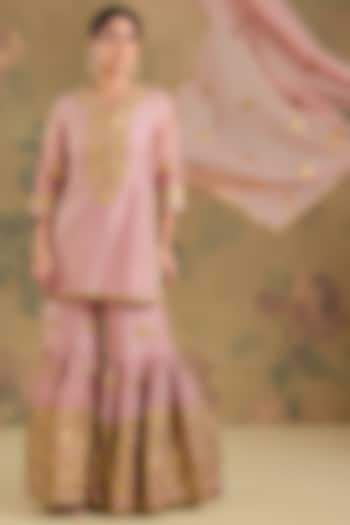 Peach Pink Chanderi Silk Gharara Set by Studio A at Pernia's Pop Up Shop