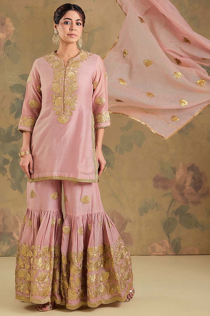 Peach Pink Chanderi Silk Gharara Set by Studio A at Pernia's Pop Up Shop