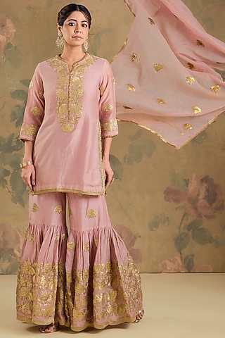 Peach Pink Chanderi Silk Gharara Set by Studio A