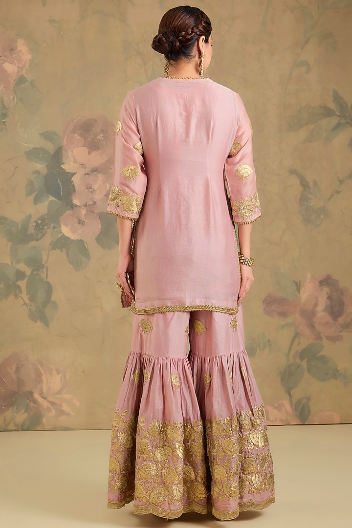 Peach Pink Chanderi Silk Gharara Set by Studio A at Pernia's Pop Up Shop