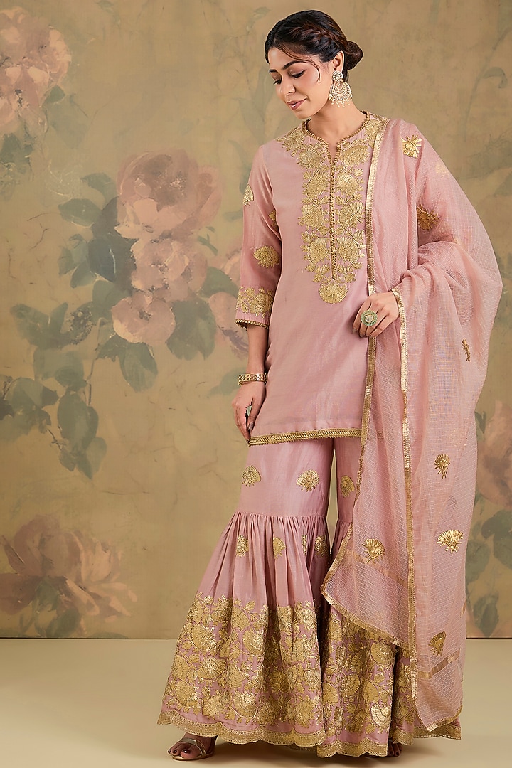 Peach Pink Chanderi Silk Gharara Set by Studio A at Pernia's Pop Up Shop