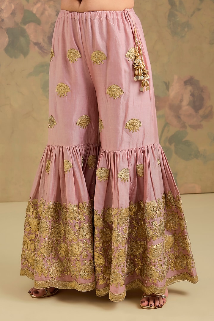 Peach Pink Chanderi Silk Gharara Set by Studio A at Pernia's Pop Up Shop