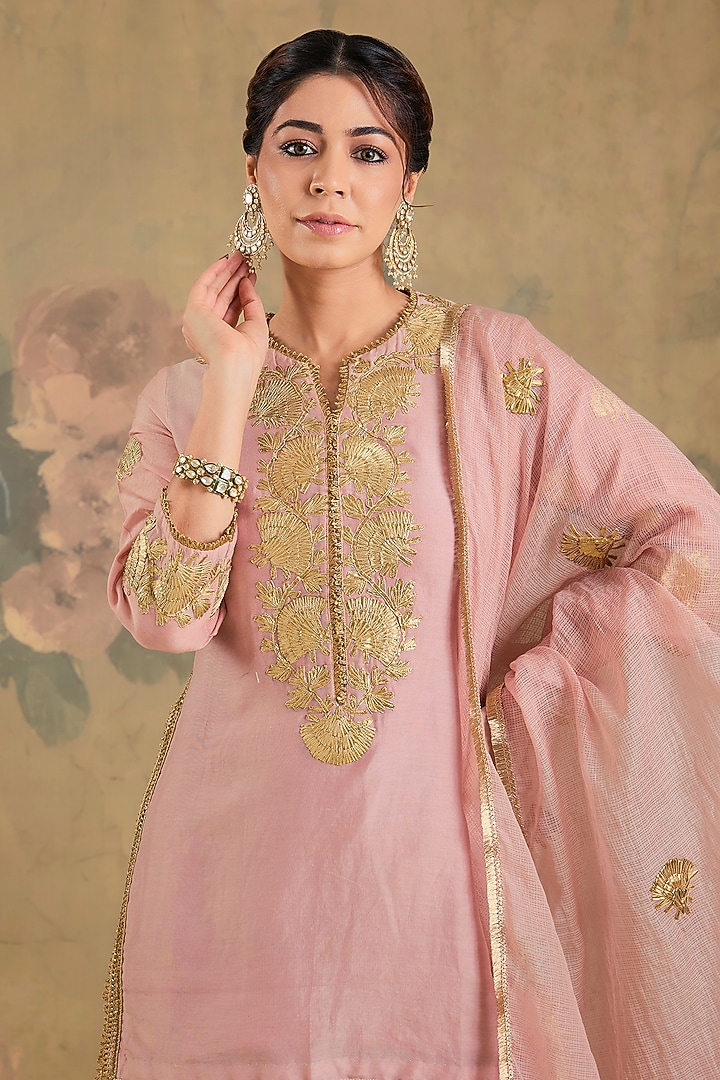 Peach Pink Chanderi Silk Gharara Set by Studio A at Pernia's Pop Up Shop