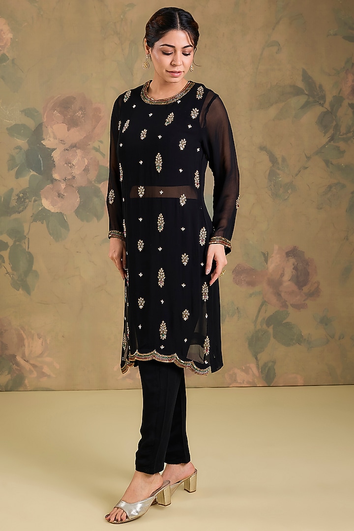 Black Georgette Embroidered Kurta Set by Studio A at Pernia's Pop Up Shop