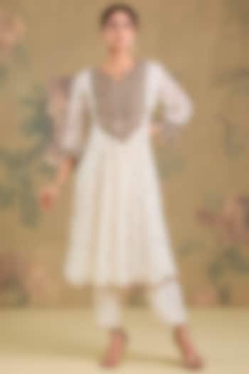 Ivory Mul Chanderi Crystal Embroidered Gathered Wedding Anarkali Set by Studio A at Pernia's Pop Up Shop