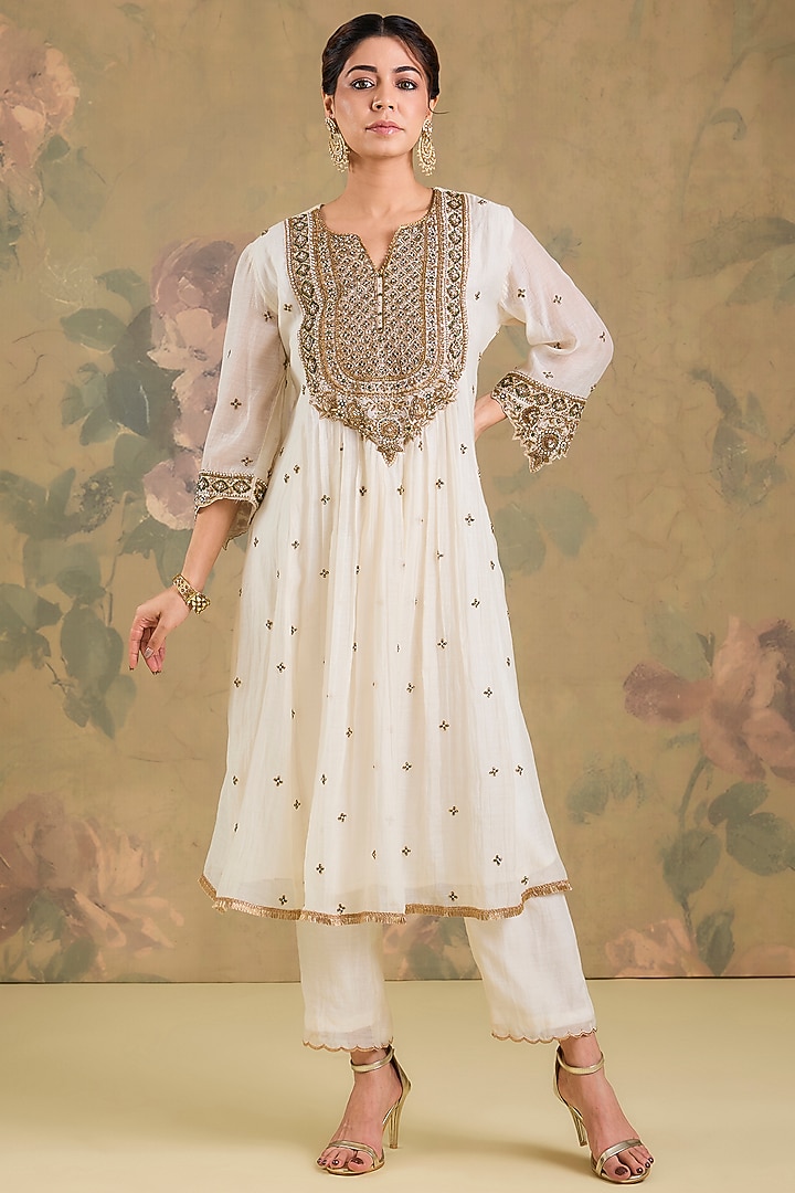 Ivory Mul Chanderi Crystal Embroidered Gathered Wedding Anarkali Set by Studio A at Pernia's Pop Up Shop