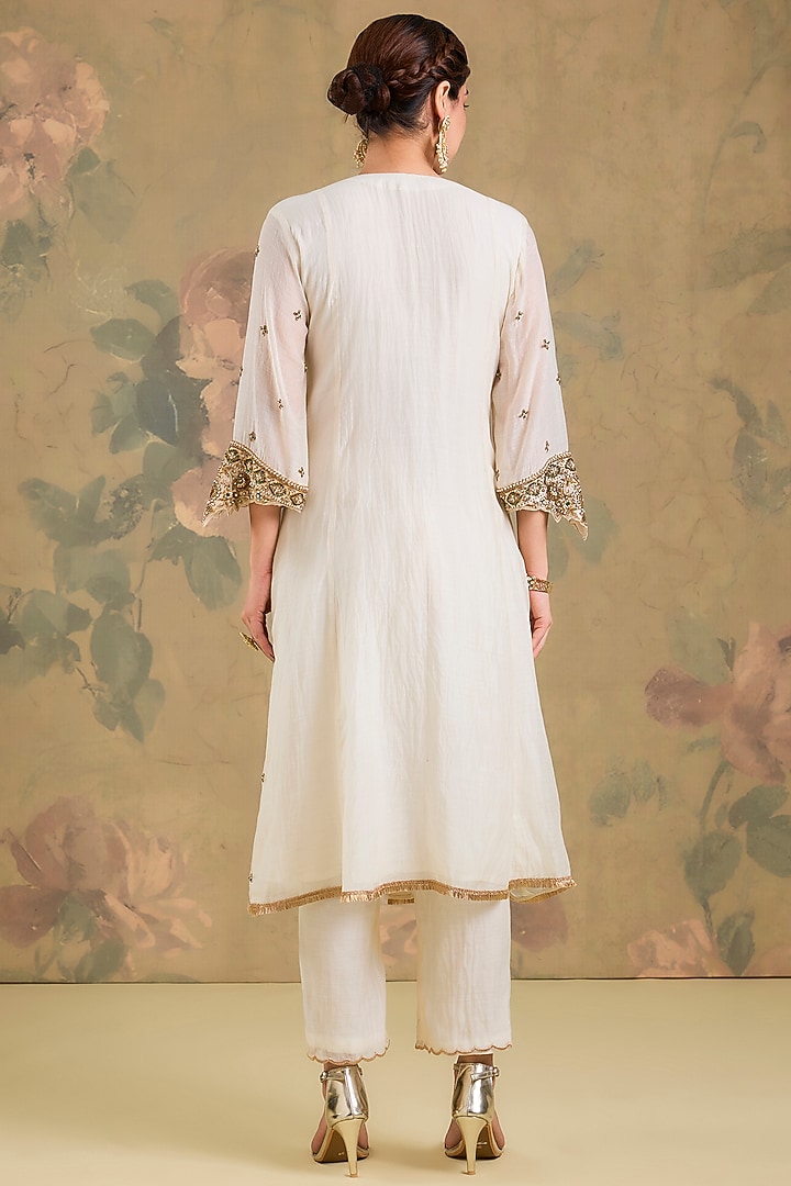 Ivory Mul Chanderi Crystal Embroidered Gathered Wedding Anarkali Set by Studio A at Pernia's Pop Up Shop