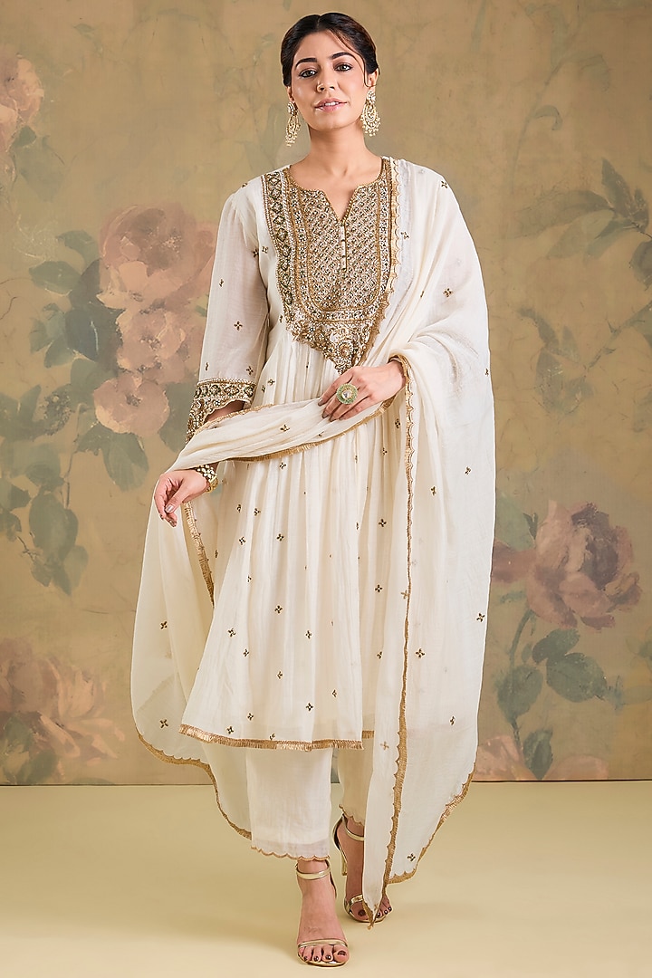 Ivory Mul Chanderi Crystal Embroidered Gathered Wedding Anarkali Set by Studio A at Pernia's Pop Up Shop