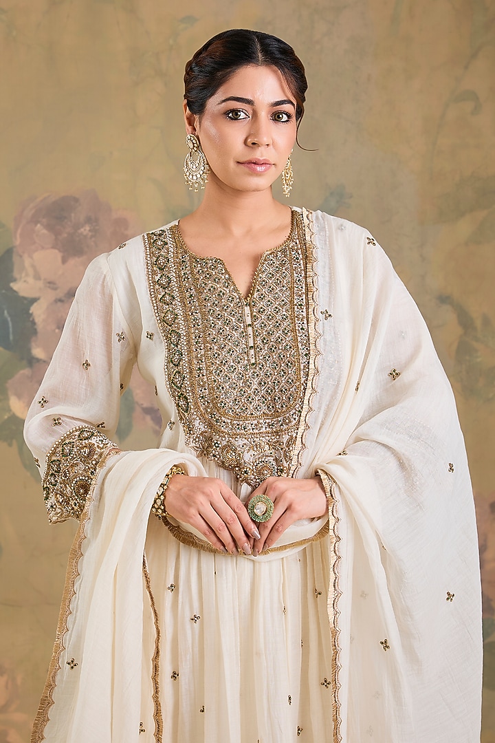 Ivory Mul Chanderi Crystal Embroidered Gathered Wedding Anarkali Set by Studio A at Pernia's Pop Up Shop