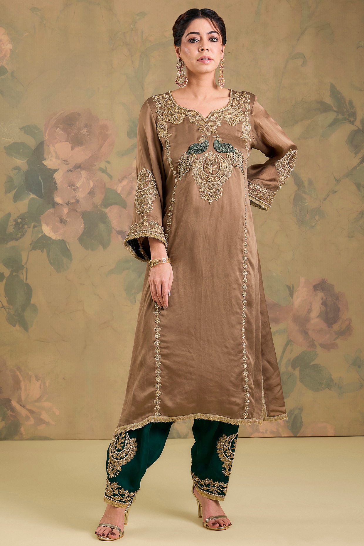 Studio A Brown Satin Organza Thread Embroidered Kurta Set