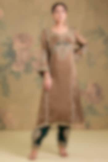 Brown Satin Organza Thread Embroidered Kurta Set by Studio A at Pernia's Pop Up Shop