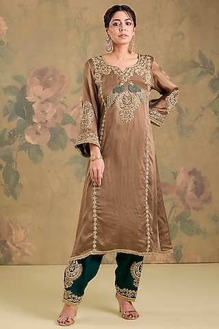 Brown Satin Organza Thread Embroidered Kurta Set by Studio A