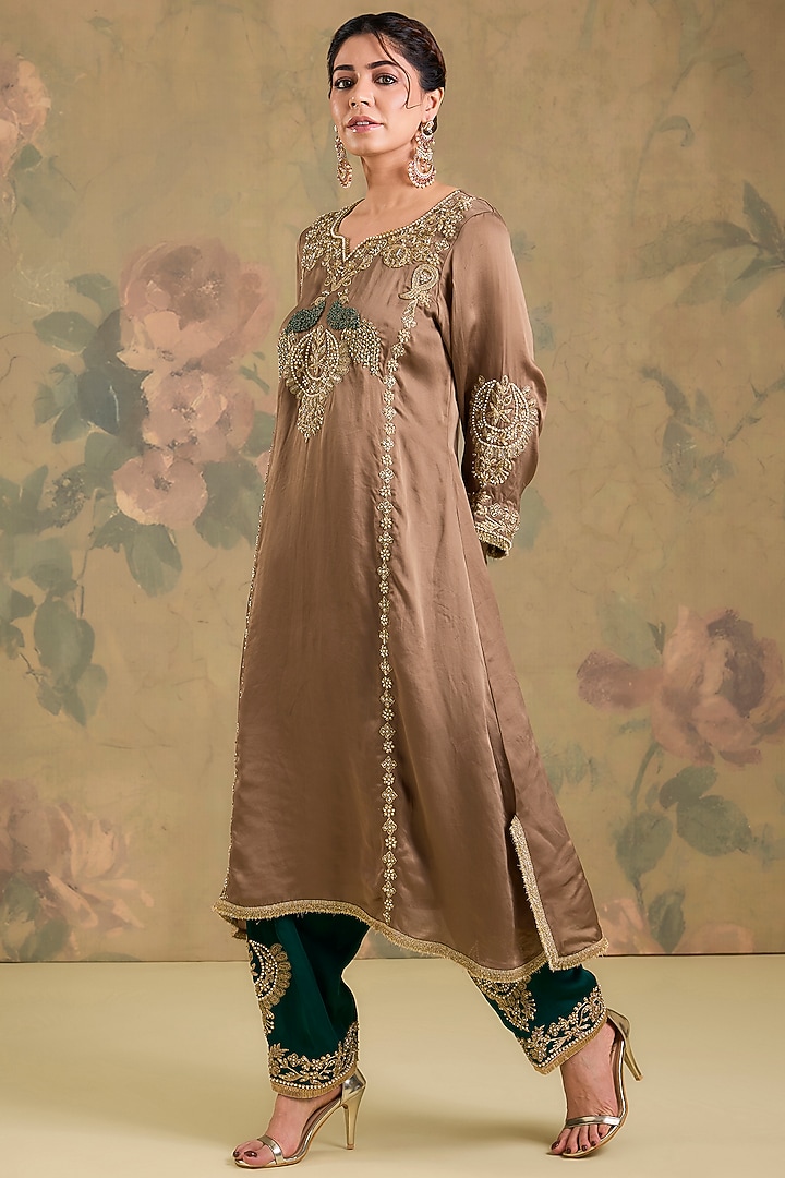 Brown Satin Organza Thread Embroidered Kurta Set by Studio A at Pernia's Pop Up Shop