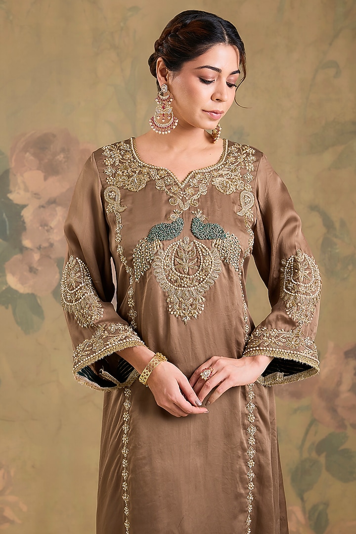 Brown Satin Organza Thread Embroidered Kurta Set by Studio A at Pernia's Pop Up Shop
