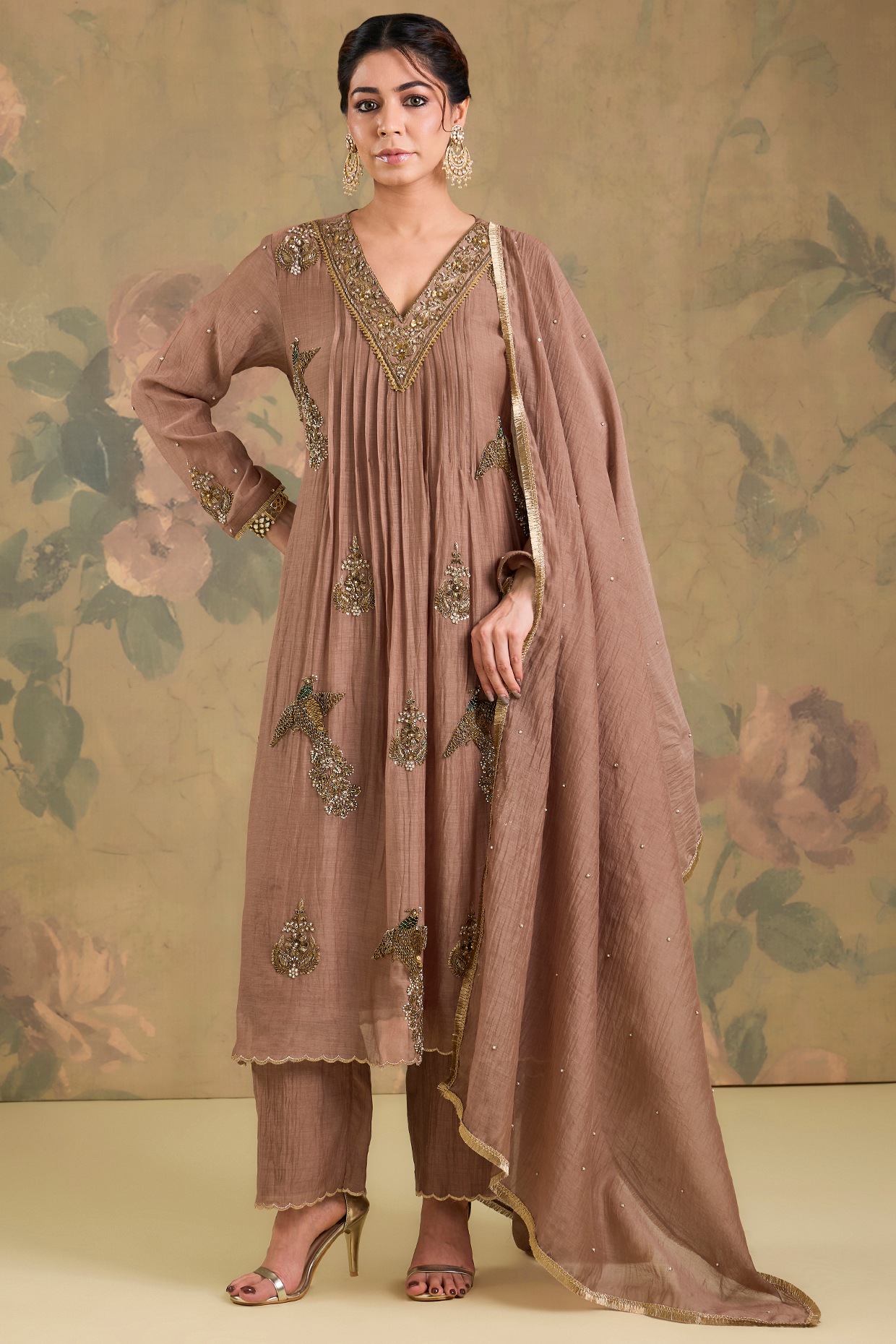 Studio A Mocha Brown Mul Chanderi Sequins Embroidered Kurta Set