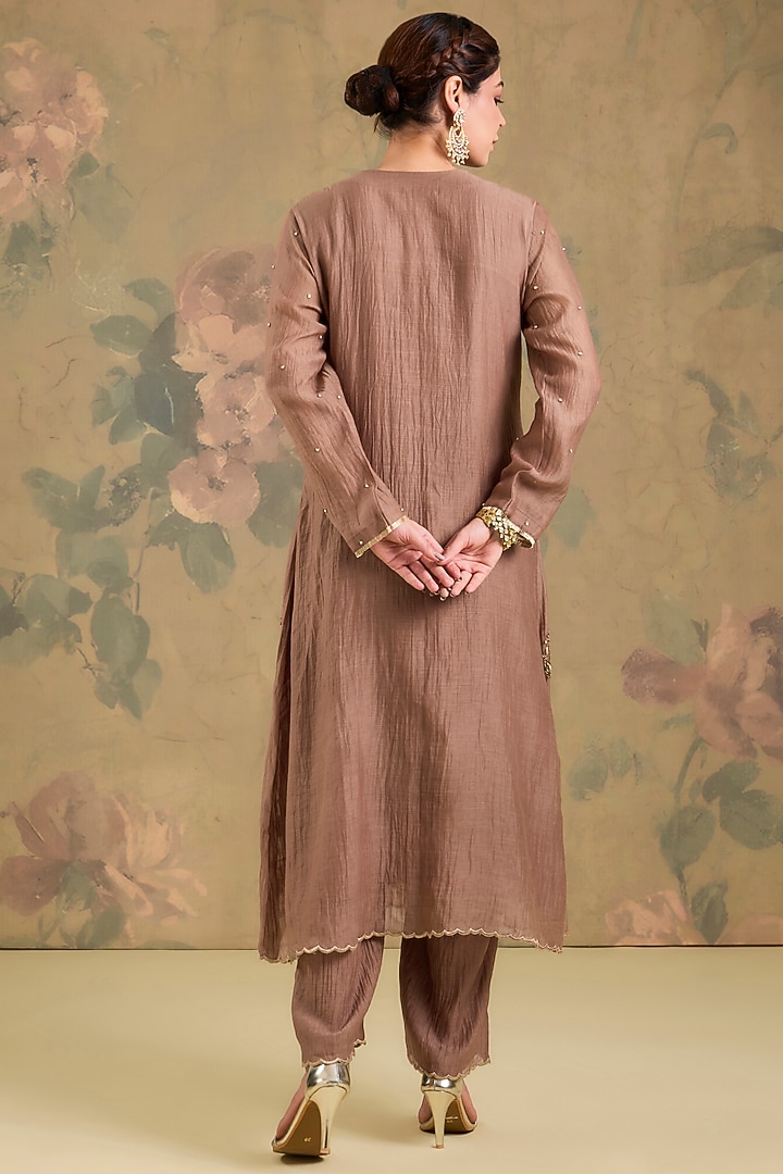 Mocha Brown Mul Chanderi Sequins Embroidered Kurta Set by Studio A at Pernia's Pop Up Shop