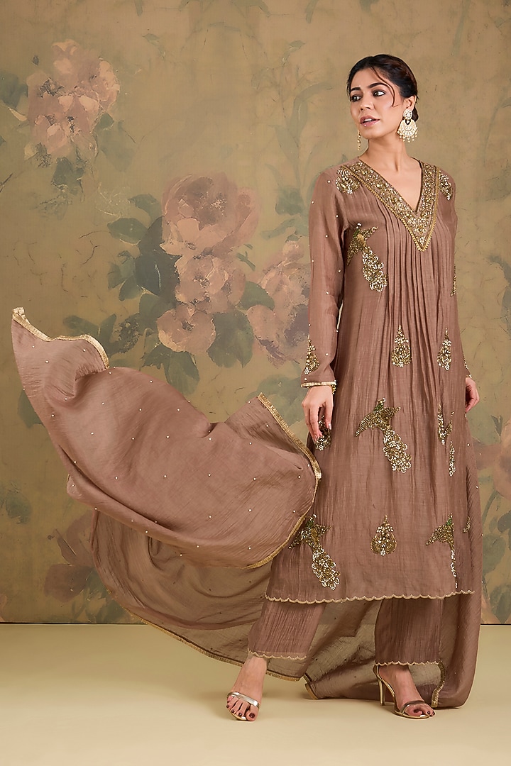 Mocha Brown Mul Chanderi Sequins Embroidered Kurta Set by Studio A at Pernia's Pop Up Shop