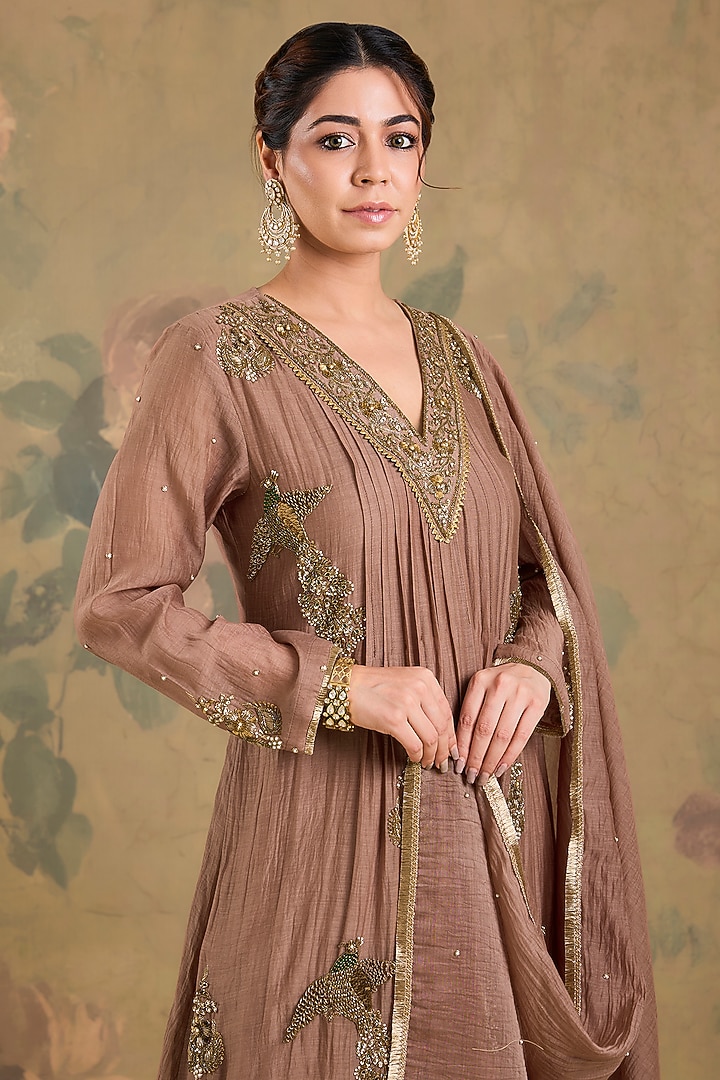 Mocha Brown Mul Chanderi Sequins Embroidered Kurta Set by Studio A at Pernia's Pop Up Shop