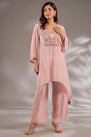 Pink Crepe Mirror Embroidered Kurta Set by Studio A