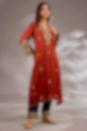 Rust Orange Satin Organza Dori Embroidered A-Line Kurta Set by Studio A at Pernia's Pop Up Shop