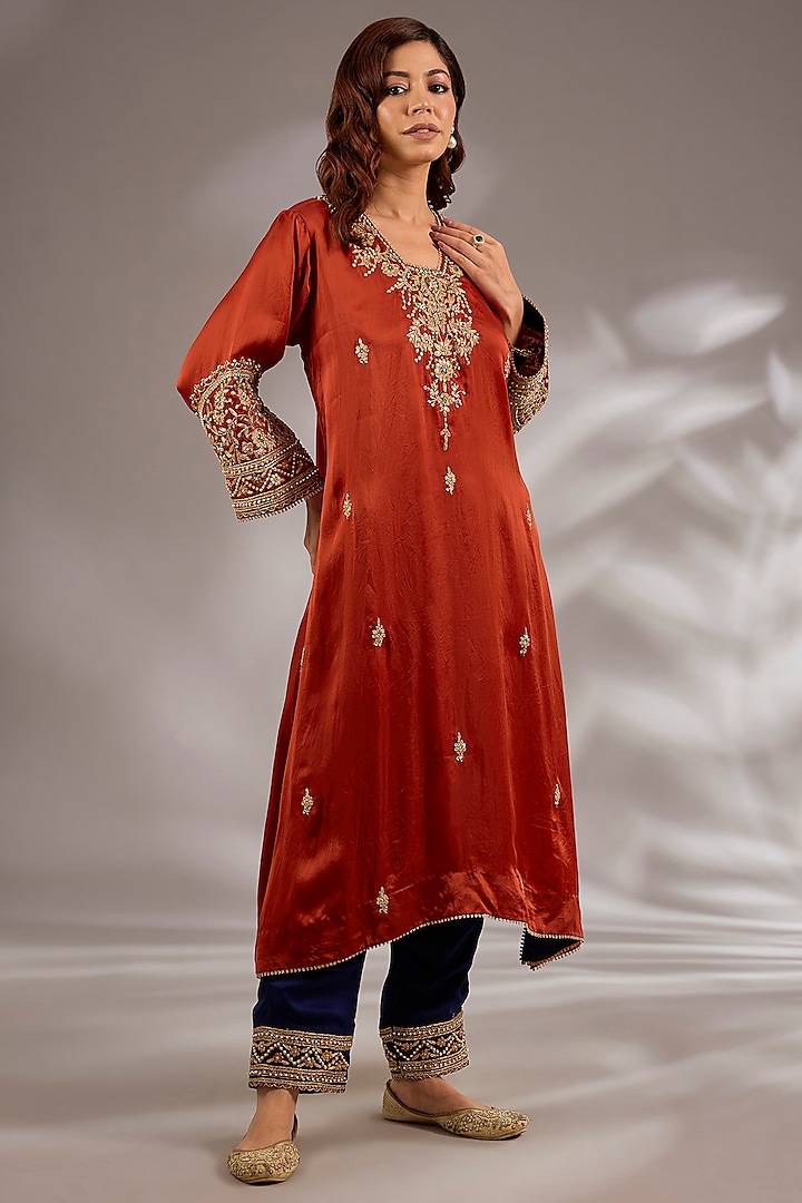 Rust Orange Satin Organza Dori Embroidered A-Line Kurta Set by Studio A at Pernia's Pop Up Shop