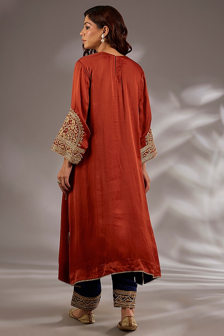 Rust Orange Satin Organza Dori Embroidered A-Line Kurta Set by Studio A at Pernia's Pop Up Shop