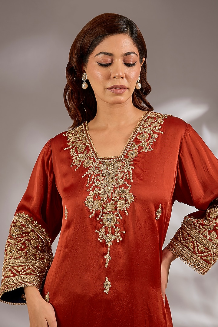 Rust Orange Satin Organza Dori Embroidered A-Line Kurta Set by Studio A at Pernia's Pop Up Shop