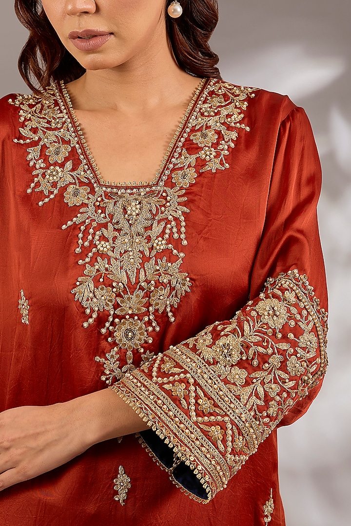 Rust Orange Satin Organza Dori Embroidered A-Line Kurta Set by Studio A at Pernia's Pop Up Shop