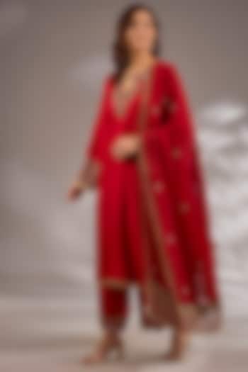 Red Silk Hand Embroidered Straight Kurta Set by Studio A at Pernia's Pop Up Shop