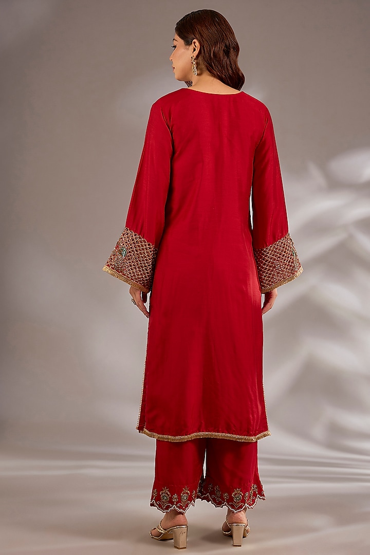 Red Silk Hand Embroidered Straight Kurta Set by Studio A at Pernia's Pop Up Shop