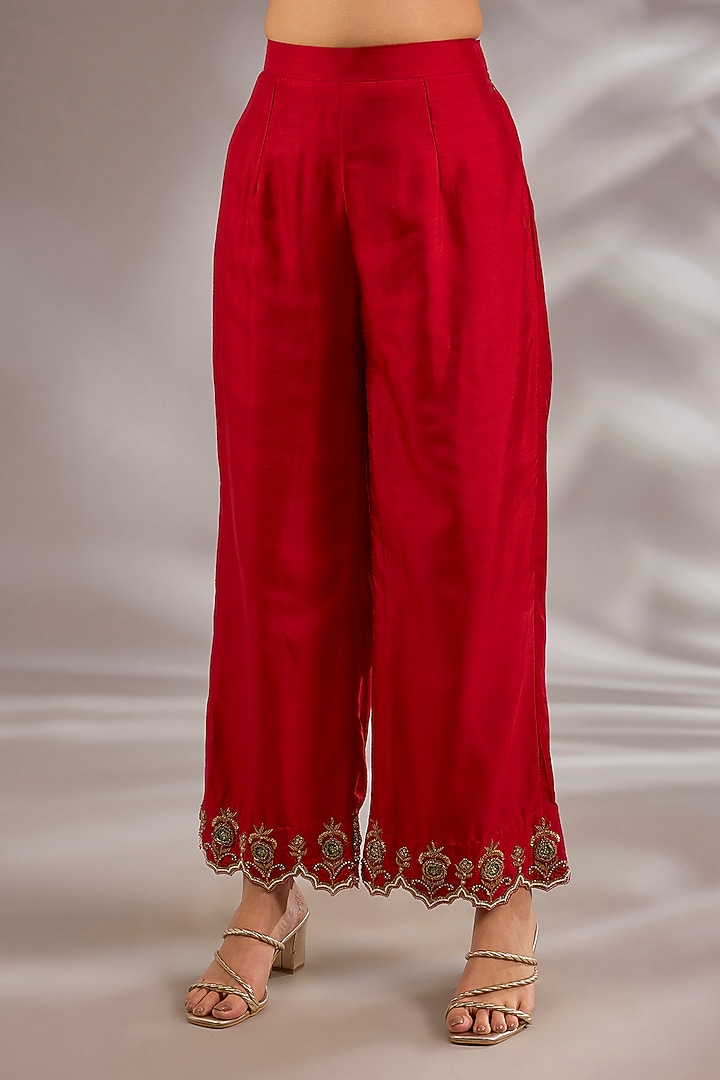 Red Silk Hand Embroidered Straight Kurta Set by Studio A at Pernia's Pop Up Shop
