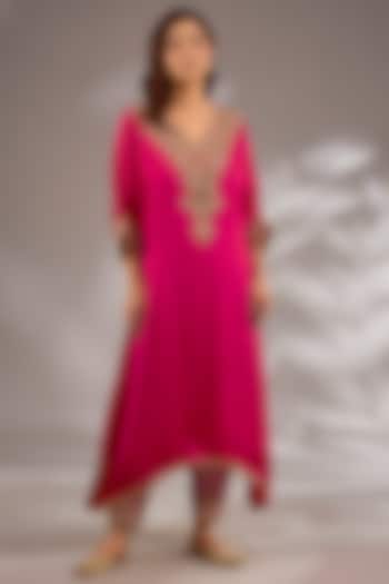 Magenta Pink Satin Organza Dori Embroidered A-Line Kurta Set by Studio A at Pernia's Pop Up Shop