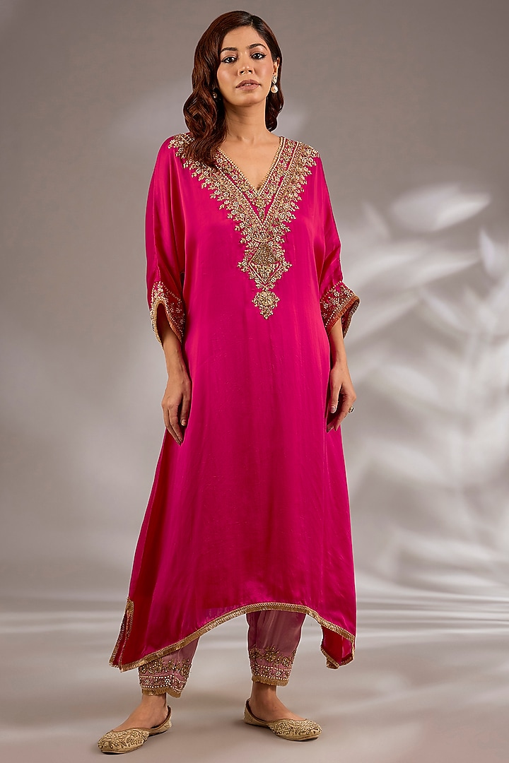 Magenta Pink Satin Organza Dori Embroidered A-Line Kurta Set by Studio A at Pernia's Pop Up Shop