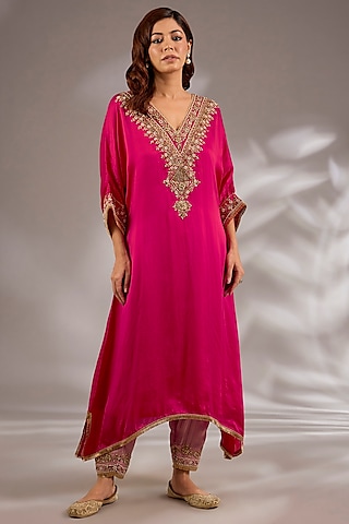 Magenta Pink Satin Organza Dori Embroidered A-Line Kurta Set by Studio A