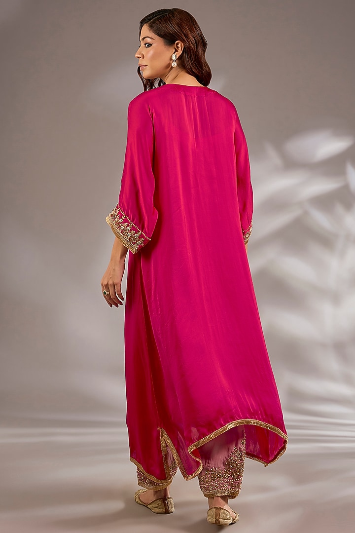 Magenta Pink Satin Organza Dori Embroidered A-Line Kurta Set by Studio A at Pernia's Pop Up Shop
