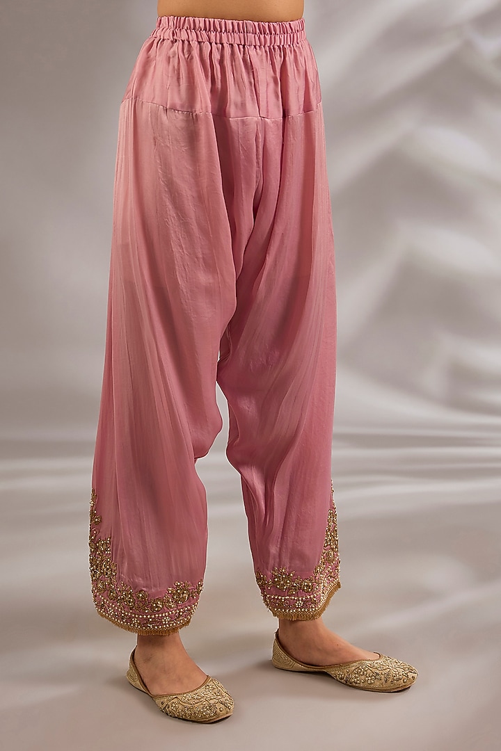 Magenta Pink Satin Organza Dori Embroidered A-Line Kurta Set by Studio A at Pernia's Pop Up Shop