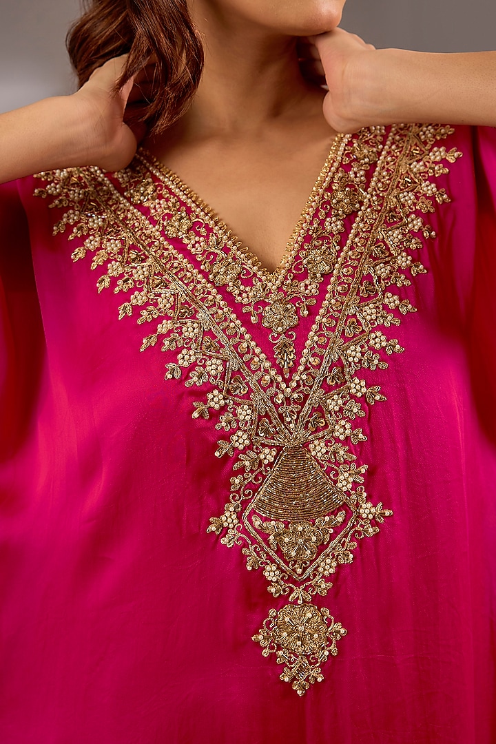 Magenta Pink Satin Organza Dori Embroidered A-Line Kurta Set by Studio A at Pernia's Pop Up Shop