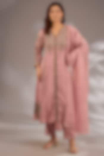 Pink Mul Chanderi Hand Embroidered Flared Kurta Set by Studio A at Pernia's Pop Up Shop