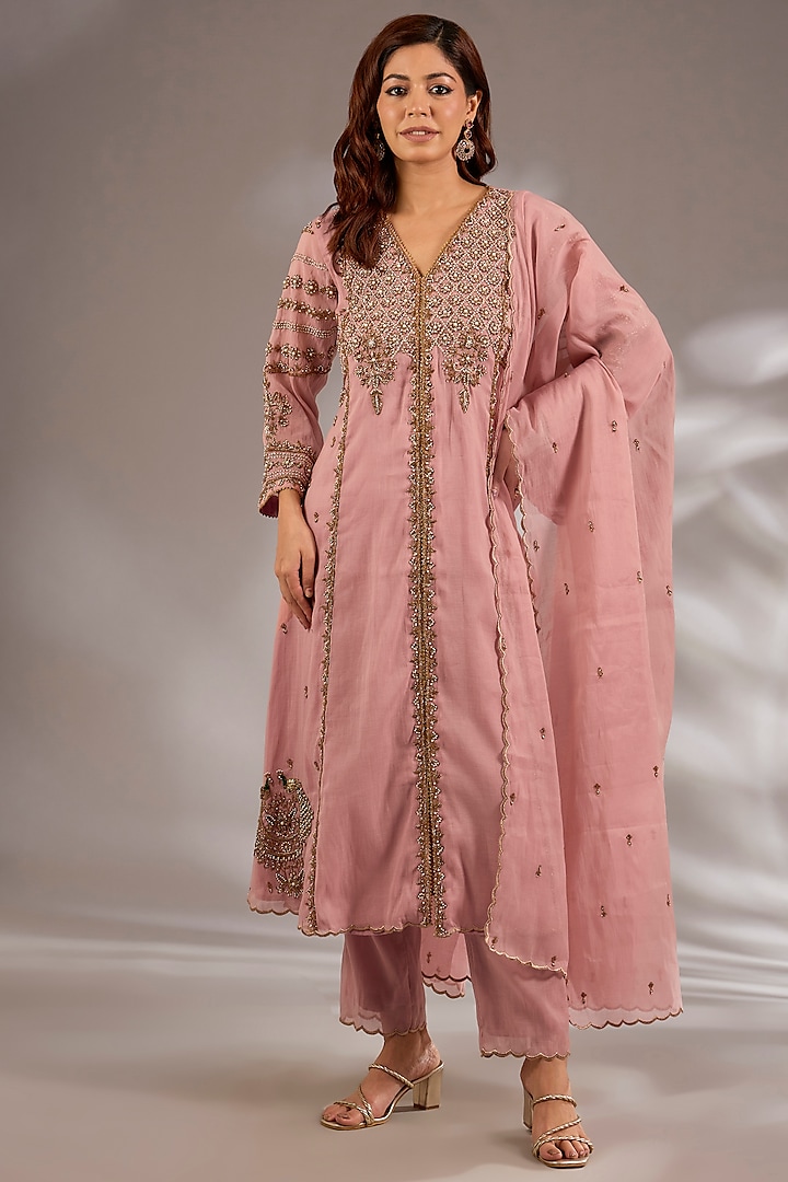Pink Mul Chanderi Hand Embroidered Flared Kurta Set by Studio A at Pernia's Pop Up Shop