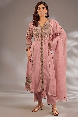 Pink Mul Chanderi Hand Embroidered Flared Kurta Set by Studio A