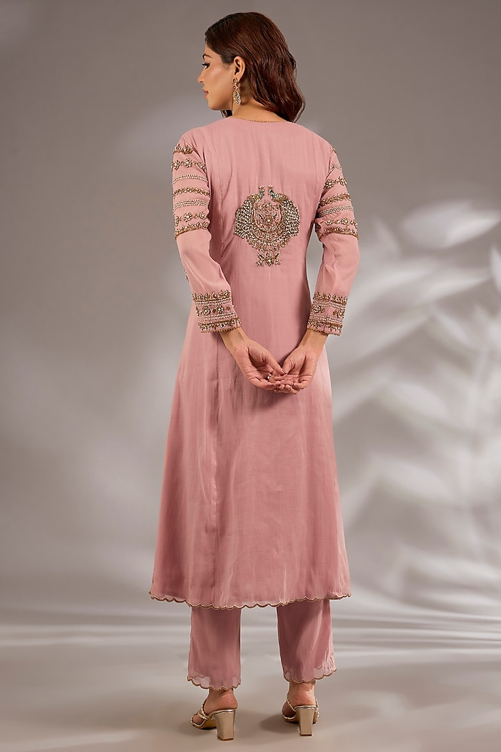 Pink Mul Chanderi Hand Embroidered Flared Kurta Set by Studio A at Pernia's Pop Up Shop