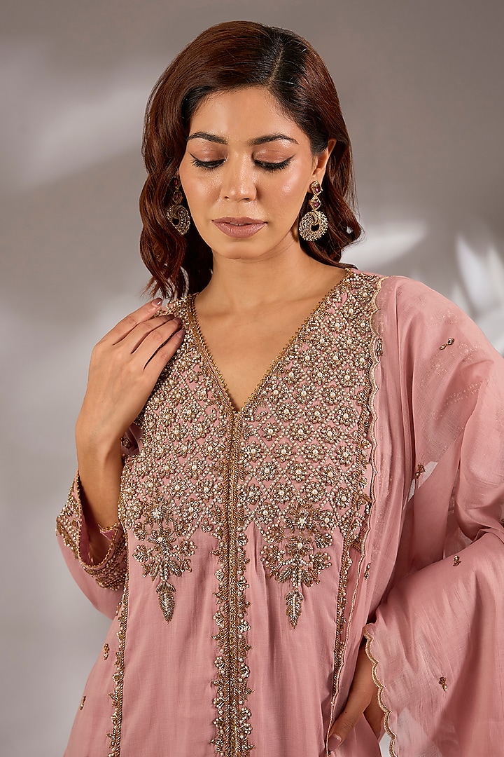 Pink Mul Chanderi Hand Embroidered Flared Kurta Set by Studio A at Pernia's Pop Up Shop