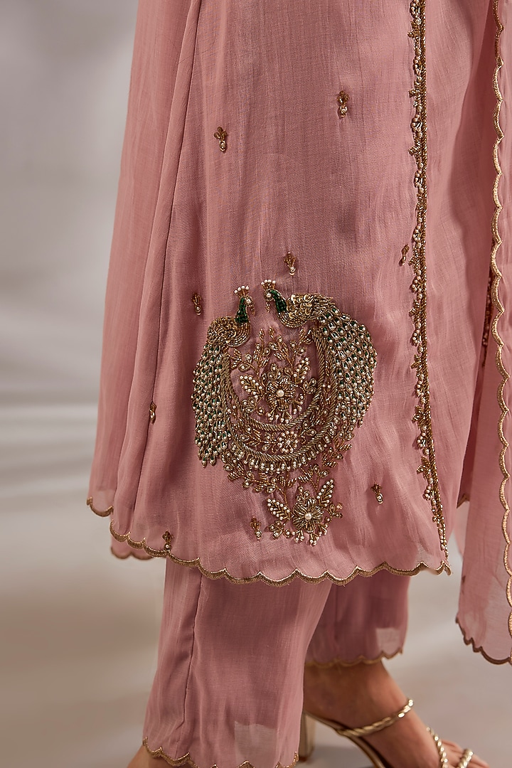 Pink Mul Chanderi Hand Embroidered Flared Kurta Set by Studio A at Pernia's Pop Up Shop