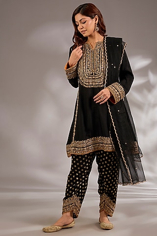 Black Silk Dori Embroidered Short Anarkali Set by Studio A