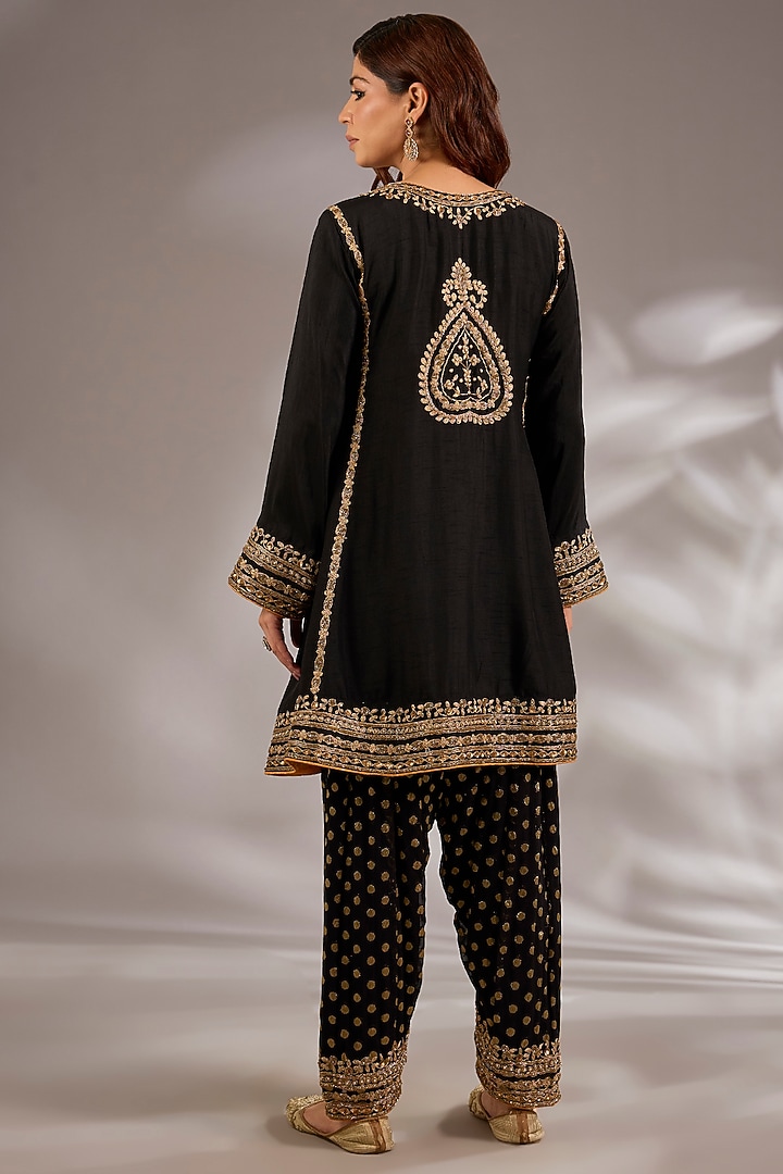 Black Silk Dori Embroidered Short Anarkali Set by Studio A at Pernia's Pop Up Shop