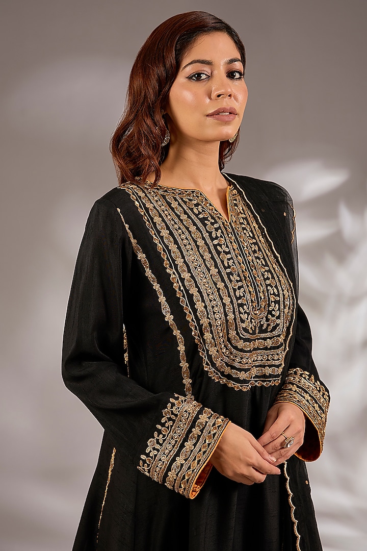 Black Silk Dori Embroidered Short Anarkali Set by Studio A at Pernia's Pop Up Shop