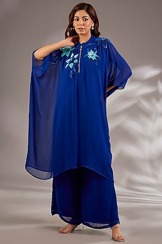 Blue Georgette Sequins Embroidered Kaftan Set by Studio A