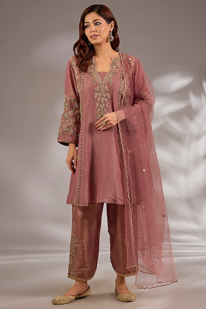 Pink Tissue Hand Embroidered Party Wear Anarkali Set by Studio A at Pernia's Pop Up Shop
